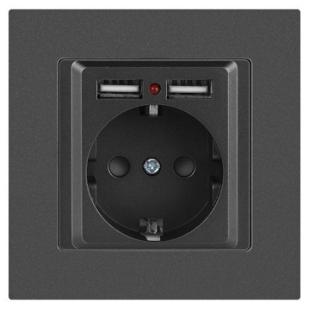 Розетка 1-м СП Accent 6-410-07 16А IP20 250В P+E Schuko + 2хUSB защ. шторки графит Intro Б0063702 Розетка 1-м СП Accent 6-410-07 16А IP20 250В P+E Schuko + 2хUSB защ. шторки графит Intro Б0063702