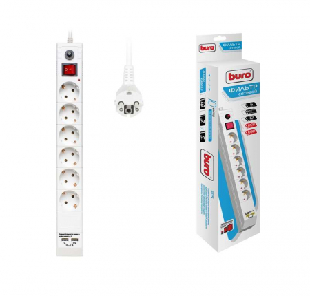Удлинитель с сетевым фильтром 6х5м с заземл. 10А IP20 BU-SP5_USB_2A-W CCA бел. BURO 992316 Удлинитель с сетевым фильтром 6х5м с заземл. 10А IP20 BU-SP5_USB_2A-W CCA бел. BURO 992316