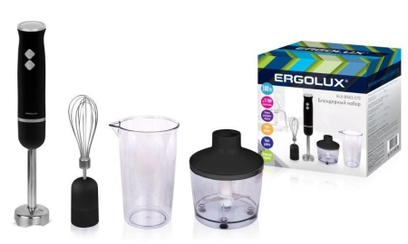 Блендер ELX-BS03-C72 в наборе: измельчитель; мерн. стакан; венчик; блендер 300Вт 220-240В серебр./черн. Ergolux 14726