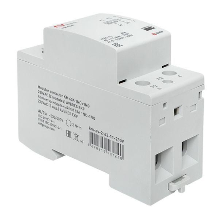 Контактор модульный КМ 63А 1NC+1NO 230В AC (2 мод.) AVERES EKF km-av-2-63-11-230V Контактор модульный КМ 63А 1NC+1NO 230В AC (2 мод.) AVERES EKF km-av-2-63-11-230V