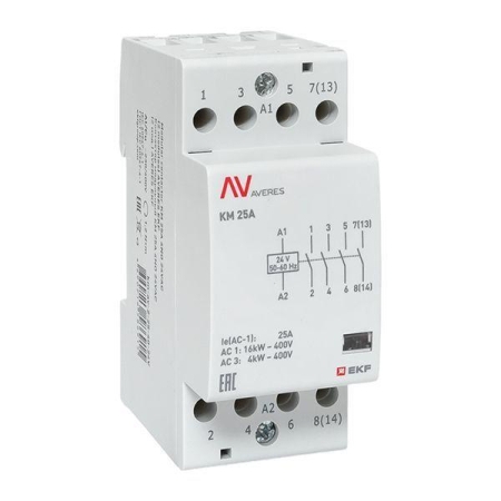 Контактор модульный КМ 25А 4NO 24В AC (2 мод.) AVERES EKF km-av-2-25-40-24V Контактор модульный КМ 25А 4NO 24В AC (2 мод.) AVERES EKF km-av-2-25-40-24V