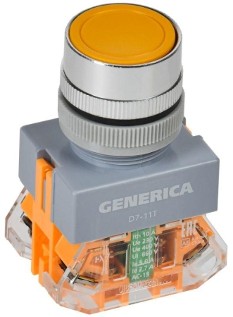 Кнопка D7-11T d22мм 1НО+1НЗ с фиксацией желт. GENERICA BBT50-11T-3-21-K05-G Кнопка D7-11T d22мм 1НО+1НЗ с фиксацией желт. GENERICA BBT50-11T-3-21-K05-G