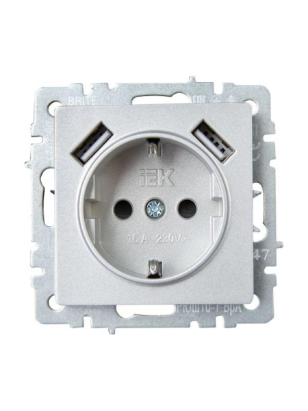 Розетка BRITE РЮш10-1-БрА 16А с USB A+A 2.1А с заземл. защ. шторки механизм алюм. IEK BR-R14-16-U21-D21-K47