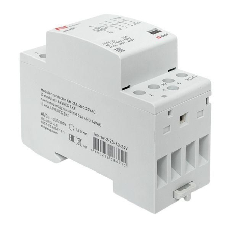 Контактор модульный КМ 25А 4NO 24В AC (2 мод.) AVERES EKF km-av-2-25-40-24V Контактор модульный КМ 25А 4NO 24В AC (2 мод.) AVERES EKF km-av-2-25-40-24V