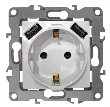 Розетка 16А 250В 2P+E с 2хUSB 5В-3А защ. шторки Elegance бел. 14-4109-01 ЭРА Б0047867