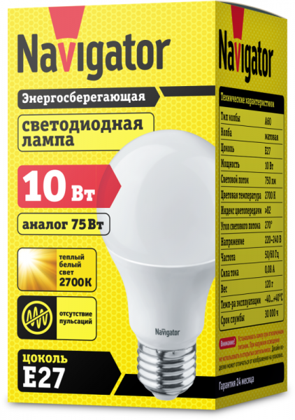 Лампа светодиодная 94 387 NLL-A60-10-230-2.7K-E27 10Вт грушевидная 2700К тепл. бел. E27 750лм 176-264В Navigator 94387