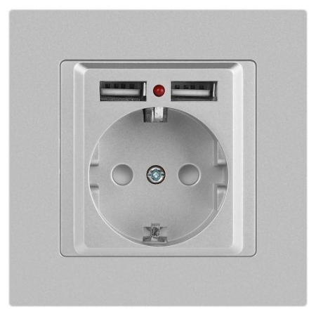 Розетка 1-м СП Accent 6-410-03 16А IP20 250В P+E Schuko + 2хUSB защ. шторки алюм. Intro Б0063694 Розетка 1-м СП Accent 6-410-03 16А IP20 250В P+E Schuko + 2хUSB защ. шторки алюм. Intro Б0063694