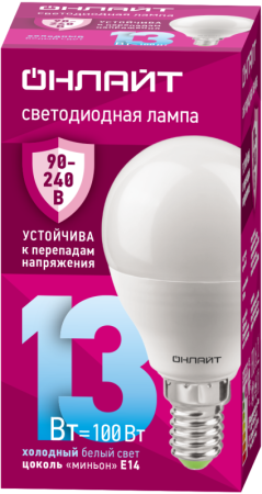 Лампа светодиодная 90 426 OLL-G45-13-230-6.5K-E14-FR (PRO 90-240В) ОНЛАЙТ 90426 Лампа светодиодная 90 426 OLL-G45-13-230-6.5K-E14-FR (PRO 90-240В) ОНЛАЙТ 90426