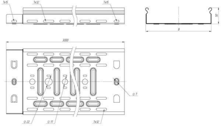 Лоток листовой перфорир. 100х50 L3000 сталь 0.55мм EKF L5010001-0.55