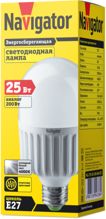 Лампа светодиодная высокомощная 94 338 NLL-T75-25-230-840-E27 25Вт 4000К нейтр. бел. E27 2000лм 220-240В Navigator 94338 Лампа светодиодная высокомощная 94 338 NLL-T75-25-230-840-E27 25Вт 4000К нейтр. бел. E27 2000лм 220-240В Navigator 94338