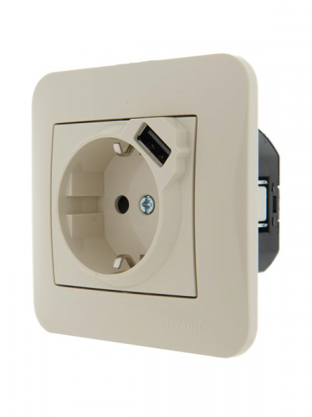 Розетка 1-м СП Karina 16А с заземл. с заряд. устройством USB механизм крем. LEZARD 707-0388-181 Розетка 1-м СП Karina 16А с заземл. с заряд. устройством USB механизм крем. LEZARD 707-0388-181