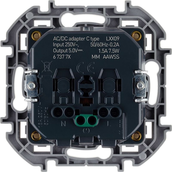 Розетка 1-м СП Inspiria 16А IP20 250В 2P+E немецк. стандарт с заряд. устр. USB тип C 1.5А 5В механизм сл. кость IEK 673771