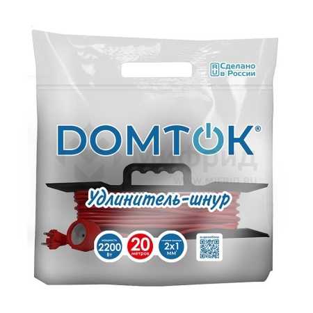 Удлинитель-шнур на рамке 1х20м без заземл. 10А IP20 2.2кВт ПВС 2х1 DOMTOK 2474