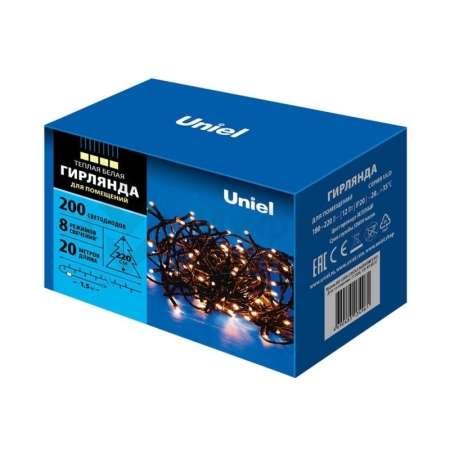 Гирлянда LED ULD-S2000-200/DGA WARM WHITE IP20 20м 200 диодов тепл. бел. свет провод зел. Uniel UL-00007308