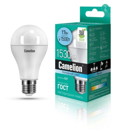 Лампа светодиодная LED17-А65/845/E27 17Вт грушевидная 4500К бел. E27 1530лм 170-265В Camelion 12309 Лампа светодиодная LED17-А65/845/E27 17Вт грушевидная 4500К бел. E27 1530лм 170-265В Camelion 12309