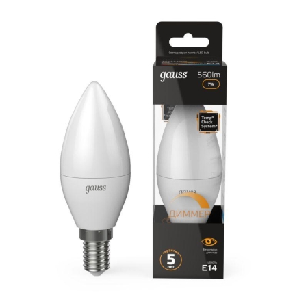 Лампа светодиодная Black 7Вт свеча 3000К тепл. бел. E14 560лм диммир. GAUSS 103101107-D Лампа светодиодная Black 7Вт свеча 3000К тепл. бел. E14 560лм диммир. GAUSS 103101107-D