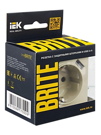 Розетка BRITE РЮш10-1-БрКр 16А с USB A+A 2.1А с заземл. защ. шторки механизм беж. IEK BR-R14-16-U21-D21-K10 Розетка BRITE РЮш10-1-БрКр 16А с USB A+A 2.1А с заземл. защ. шторки механизм беж. IEK BR-R14-16-U21-D21-K10