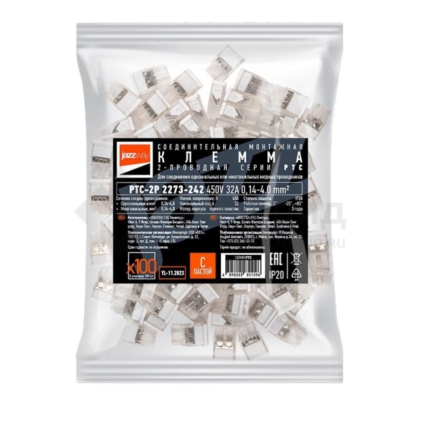 Клемма монтажная нажимного соединения PTC-2P 2273-242 450В 32А 0.14-4.0кв.мм JazzWay 5051096