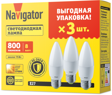 Лампа светодиодная 95 322 NLL-C37-8-230-2.7K-E27-FR-PACK3 NAVIGATOR 95322 Лампа светодиодная 95 322 NLL-C37-8-230-2.7K-E27-FR-PACK3 NAVIGATOR 95322