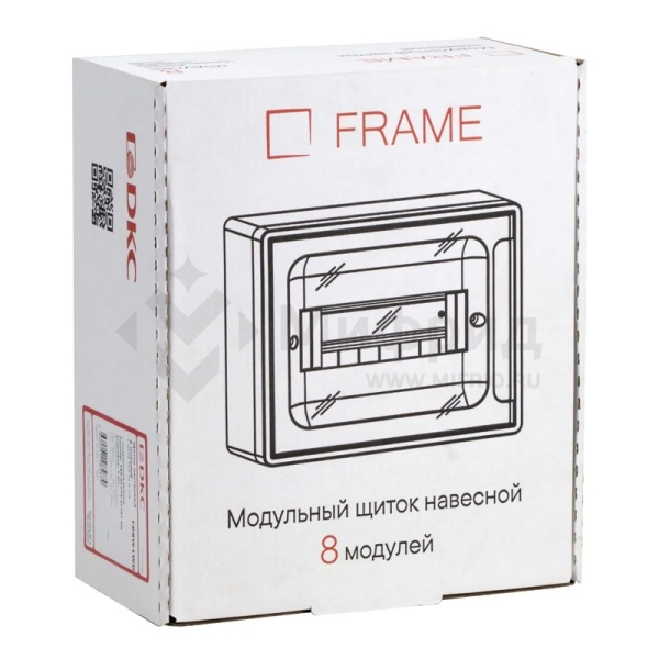 Щиток настенный Фрейм (FRAME) 8 мод. с тонированной дверцей с 2 шинами PEN на 6 и 8 отверст. бел. DKC F08W1WD