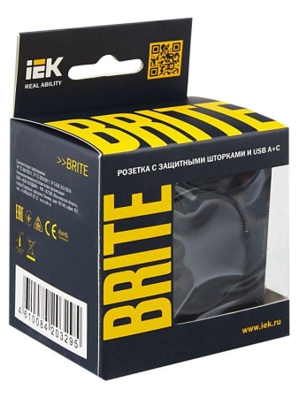 Розетка BRITE РЮш11-1-БрЧ 16А с USB A+C 18Вт с заземл. защ. шторки механизм черн. IEK BR-R14-16-U22-018-K02 Розетка BRITE РЮш11-1-БрЧ 16А с USB A+C 18Вт с заземл. защ. шторки механизм черн. IEK BR-R14-16-U22-018-K02