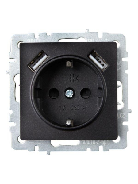 Розетка BRITE РЮш10-2-БрЧ 16А с USB A+A 3.1А с заземл. защ. шторки механизм черн. IEK BR-R14-16-U21-D31-K02