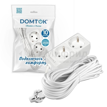 Удлинитель 2х10м с заземл. 16А IP20 3.5кВт ПВС 3х1 бел. DOMTOK 2385