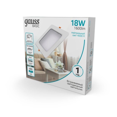 Светильник светодиодный Basic Downlight 18Вт 4000К IP20 1600лм 170х26 170-260В монтаж. квадрат бел. 1/60 GAUSS 9031420218 Светильник светодиодный Basic Downlight 18Вт 4000К IP20 1600лм 170х26 170-260В монтаж. квадрат бел. 1/60 GAUSS 9031420218