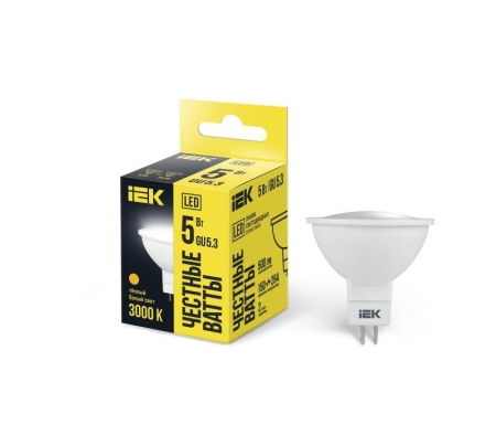 Лампа светодиодная MR16 5Вт 3000К тепл. бел. GU5.3 450лм 230-240В IEK LLE-MR16-5-230-30-GU5 Лампа светодиодная MR16 5Вт 3000К тепл. бел. GU5.3 450лм 230-240В IEK LLE-MR16-5-230-30-GU5