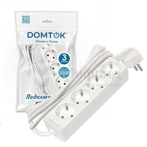 Удлинитель 4х3м с заземл. 16А IP20 3.5кВт ПВС 3х1 бел. DOMTOK 2396